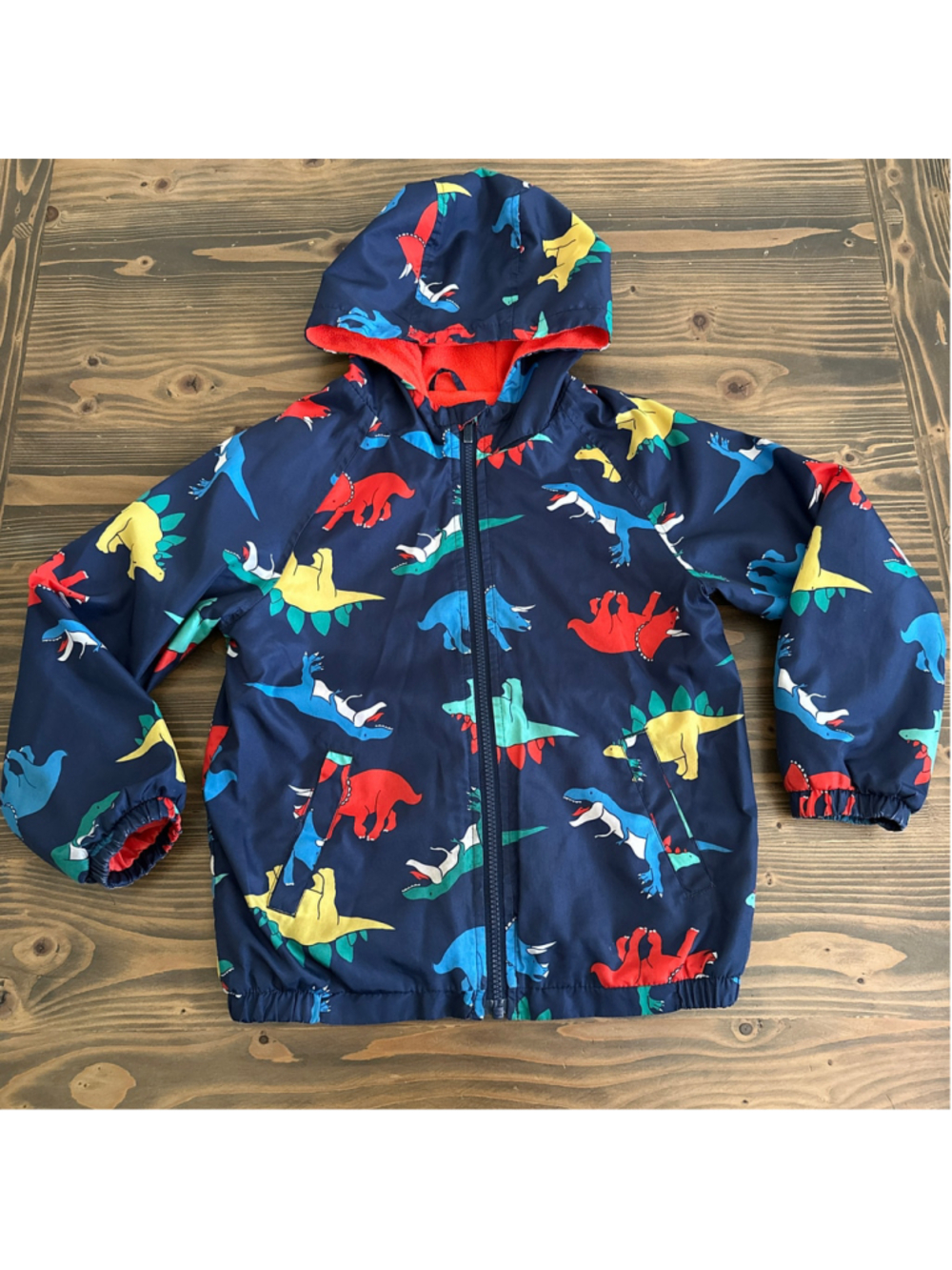 Boys Carter's Dinosaur Raincoat Size 7 Navy Blue Orange Fleece Lined Hooded